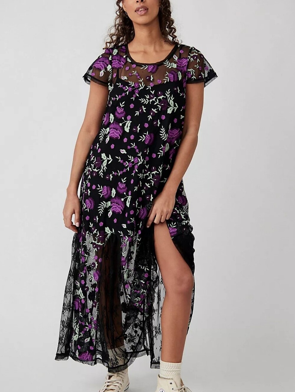 Free People Sky Bright Black Mesh Purple Mint Floral Embroidery Maxi Dress M